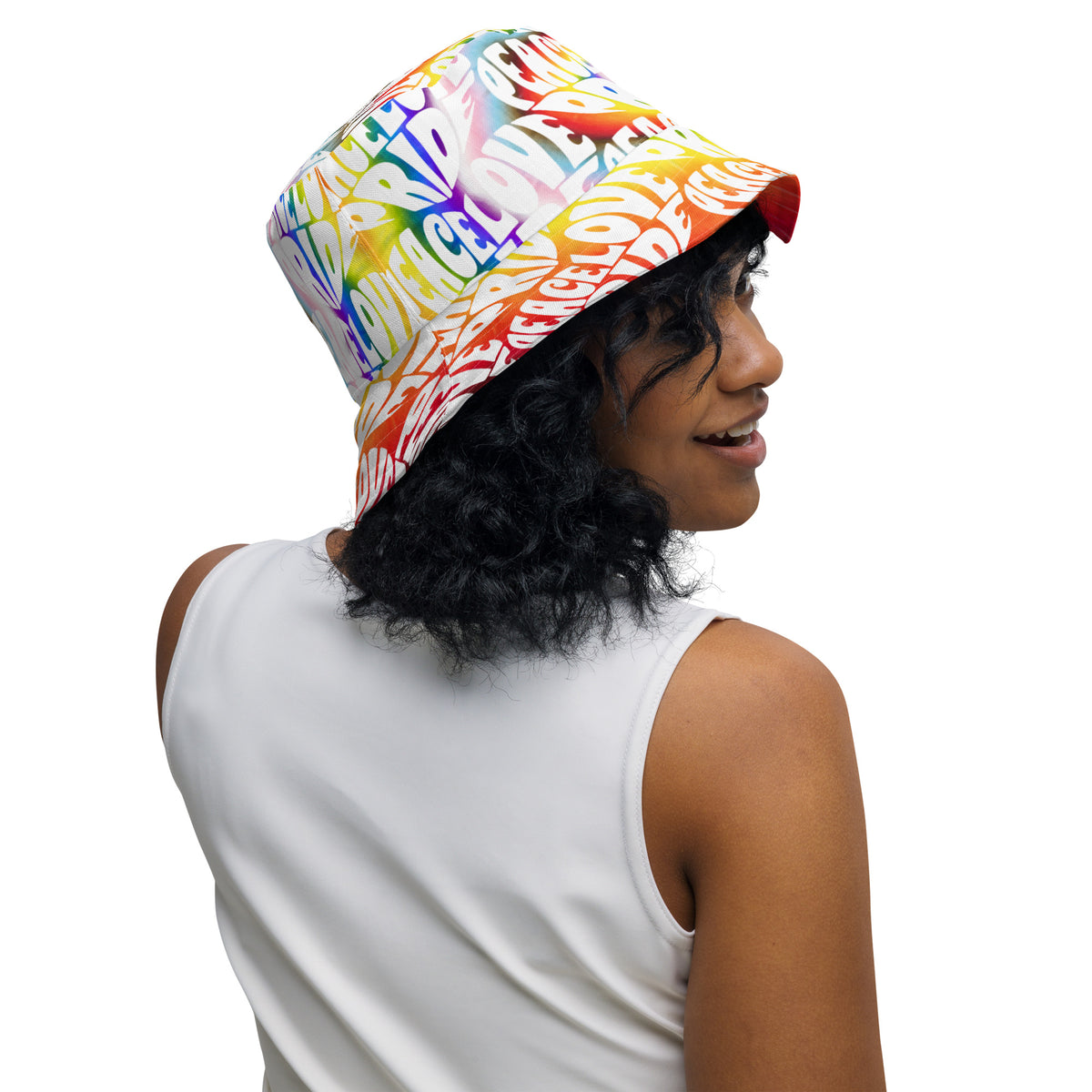 PEACE LOVE PRIDE Reversible Bucket Hat - progress pride tie-dye deco