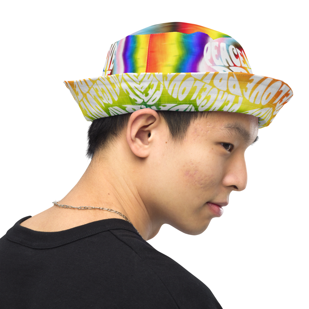 PEACE LOVE PRIDE Reversible Bucket Hat - progress pride tie-dye deco