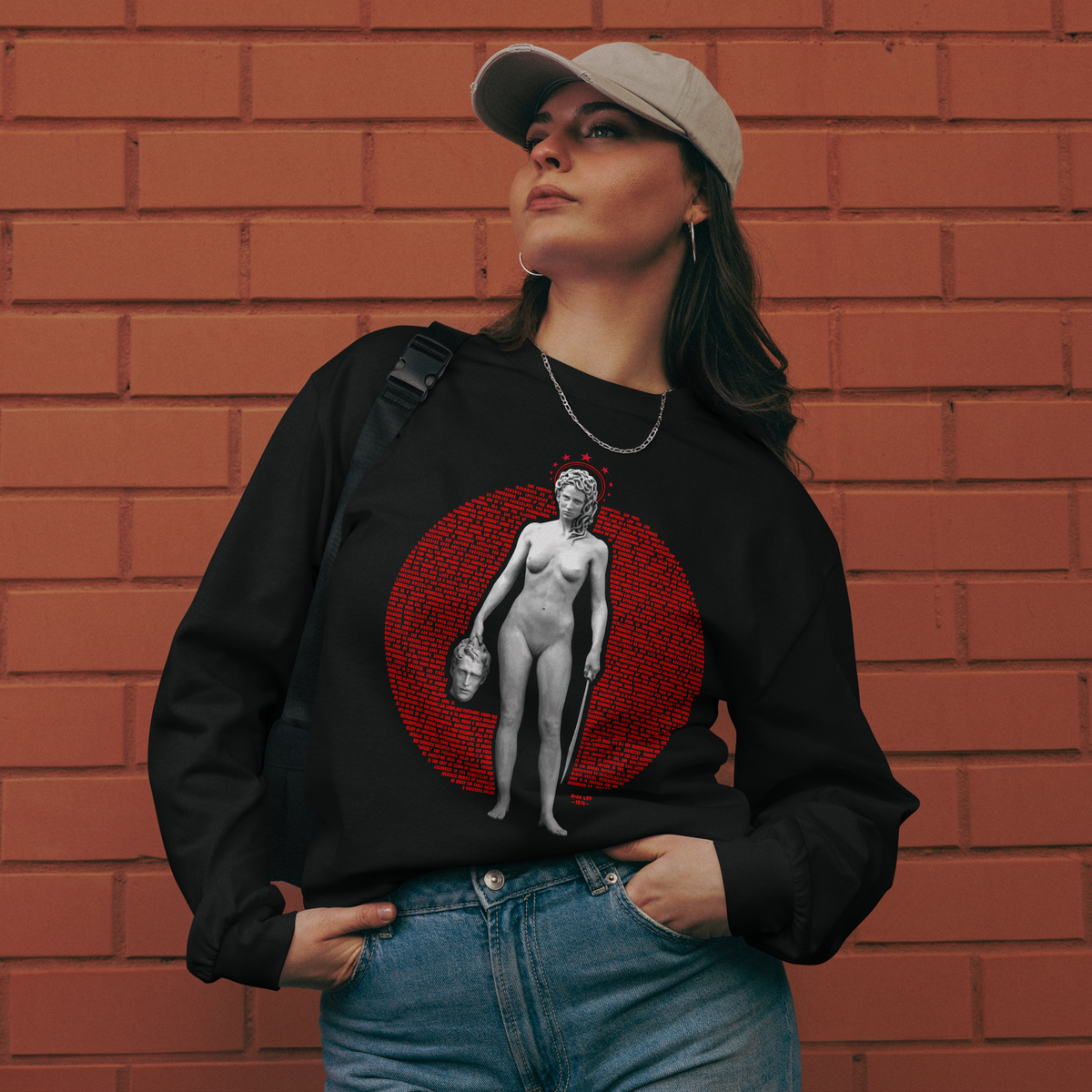 Feminist Manifesto 1914 Premium Heavyweight Long Sleeve Shirt  - Red with Medusa Deco on Black or White
